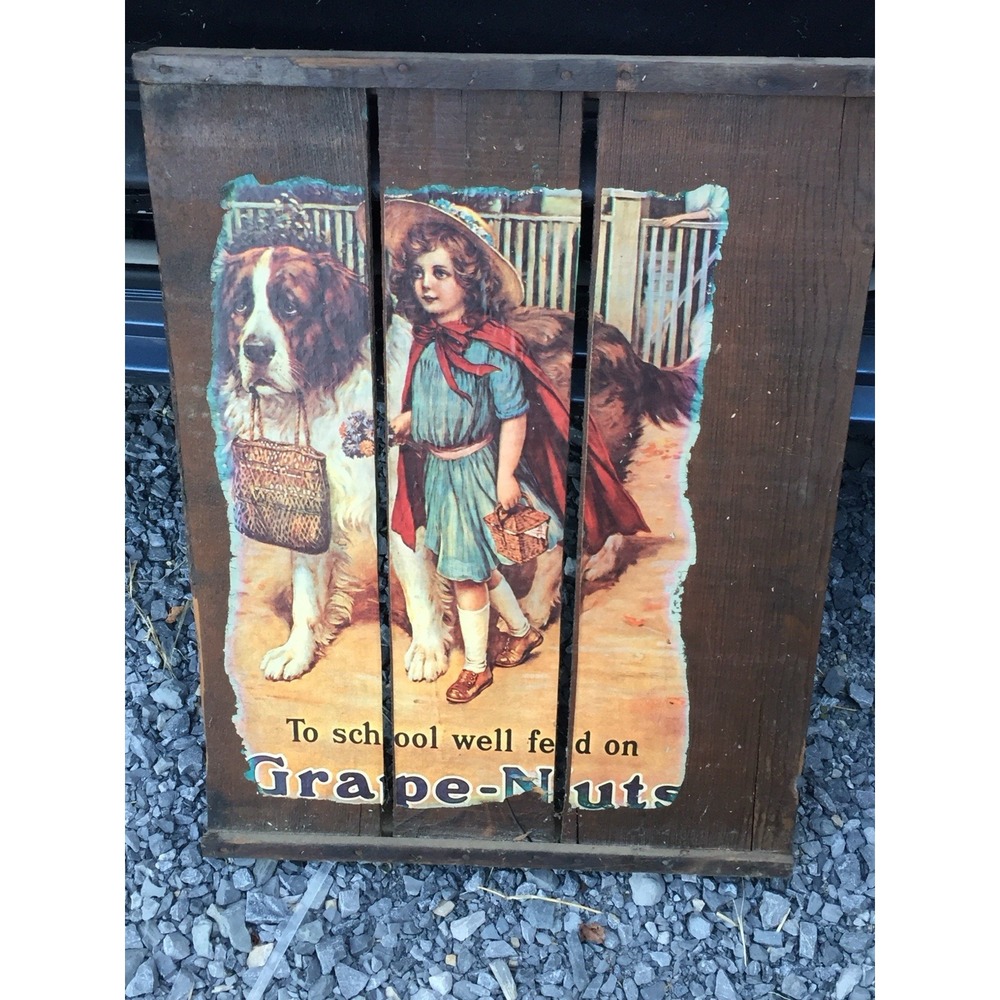 Large VINTAGE "To School Well Fed on Grape-Nuts" Dark Brown Wood Wall‎ Frame